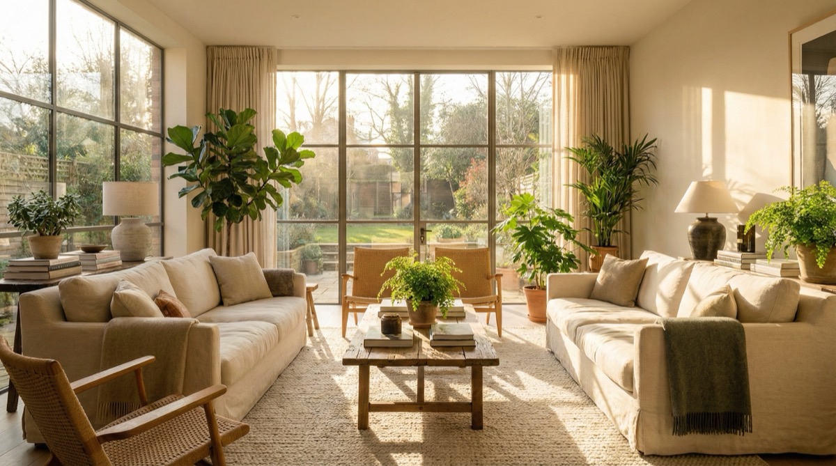 Bright modern living room flooded with natural light through large energy-efficient windows