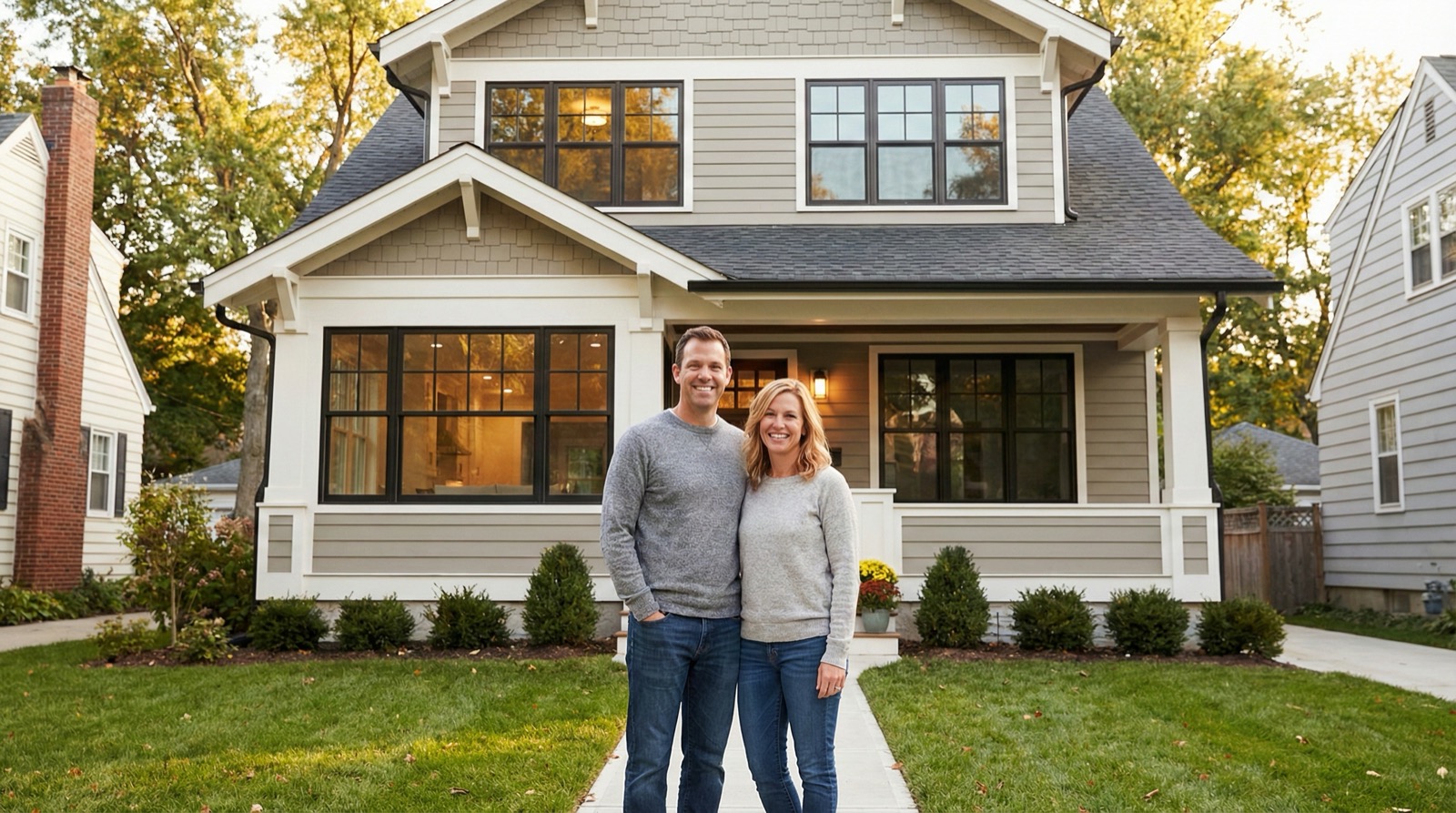 Happy homeowners standing proudly in front of their home with newly installed windows